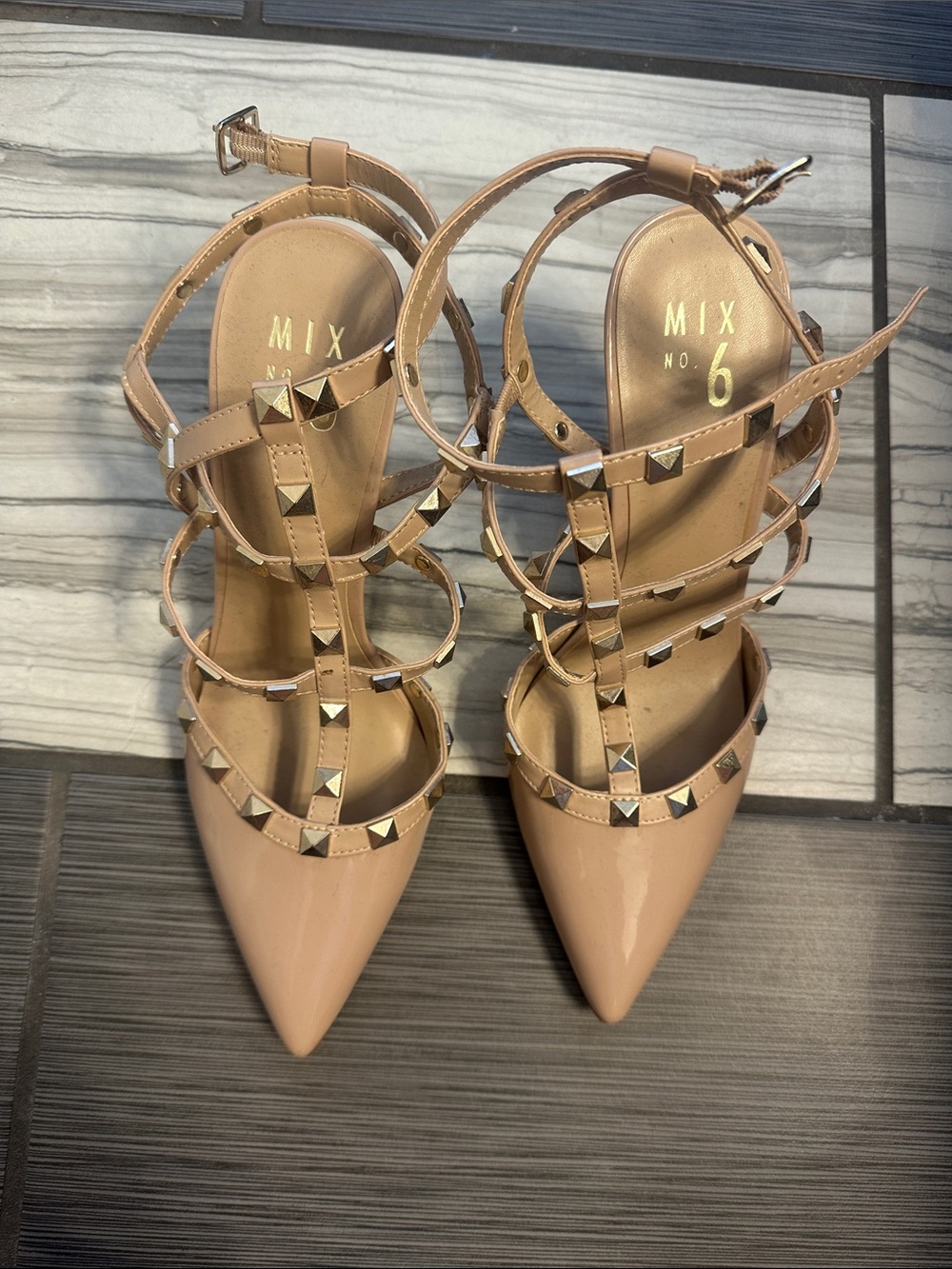 Mix No. 6 Nude Patent Studded Strappy Pointed Pumps